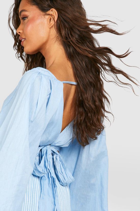 Linen Look Balloon Sleeve Tie Back Crop Top