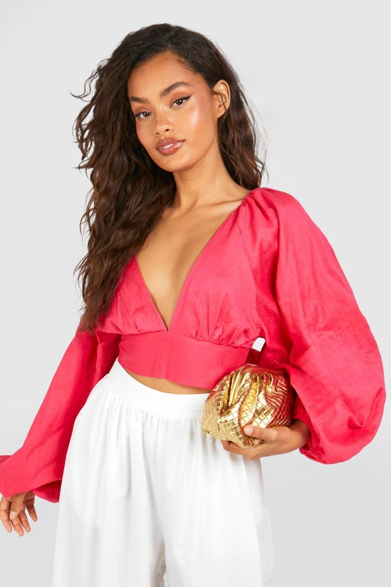 Linen Look Balloon Sleeve Tie Back Crop Top