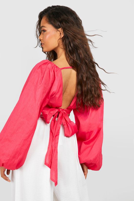 Linen Look Balloon Sleeve Tie Back Crop Top