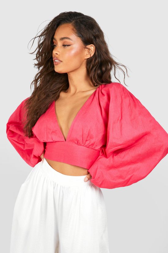 Linen Look Balloon Sleeve Tie Back Crop Top