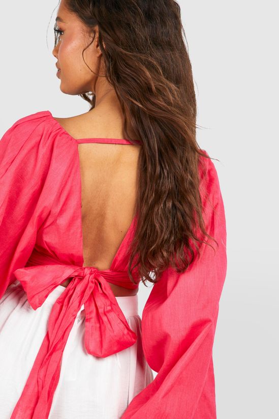 Linen Look Balloon Sleeve Tie Back Crop Top
