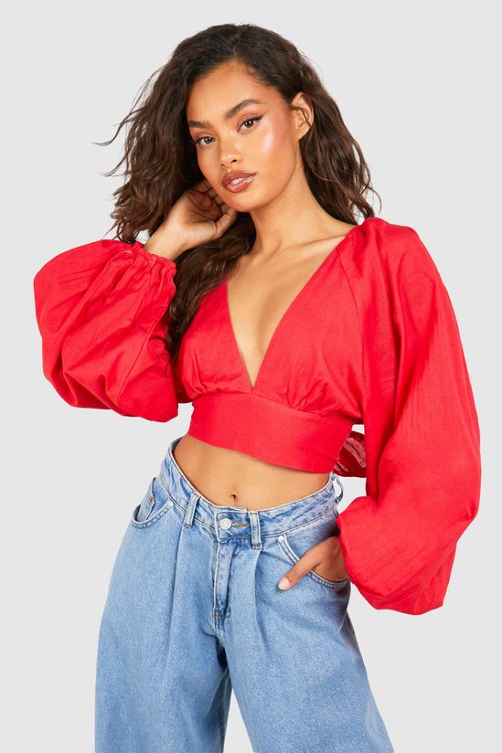 Linen Look Balloon Sleeve Tie Back Crop Top