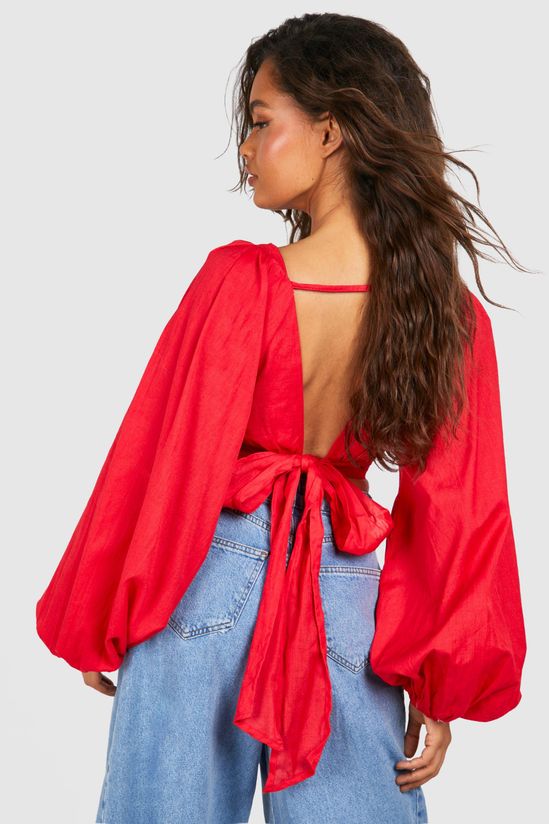 Linen Look Balloon Sleeve Tie Back Crop Top