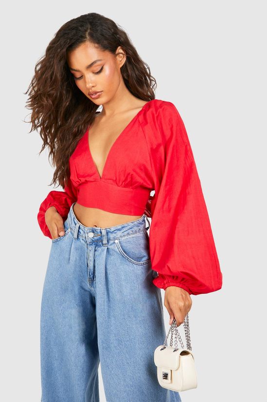 Linen Look Balloon Sleeve Tie Back Crop Top
