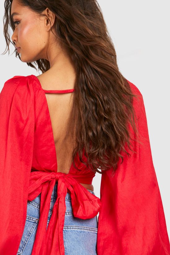 Linen Look Balloon Sleeve Tie Back Crop Top