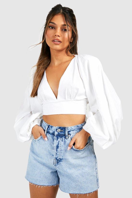 Linen Look Balloon Sleeve Tie Back Crop Top