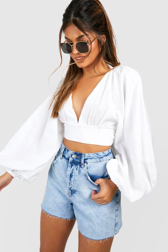Linen Look Balloon Sleeve Tie Back Crop Top