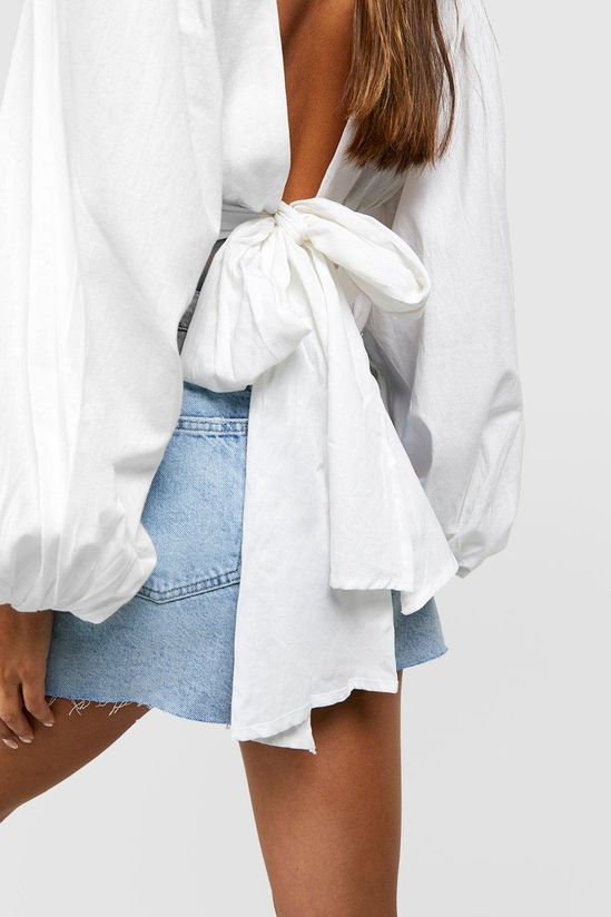 Linen Look Balloon Sleeve Tie Back Crop Top