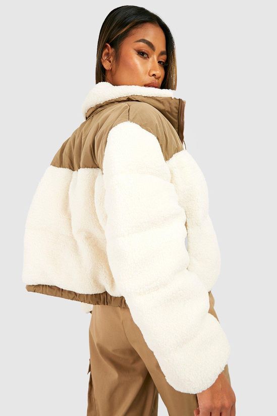 Teddy Faux Fur Panelled Boxy Puffer Jacket