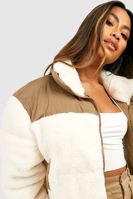 Teddy Faux Fur Panelled Boxy Puffer Jacket