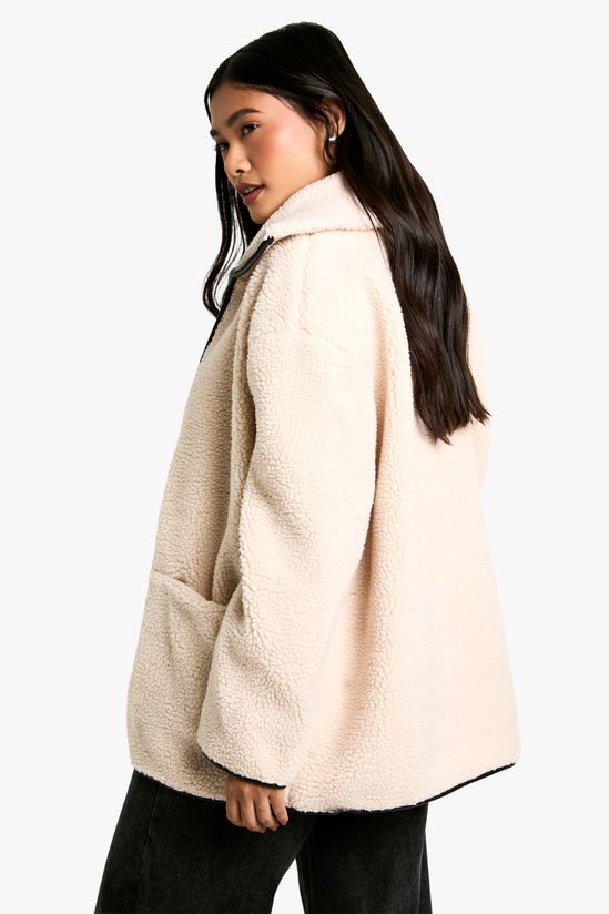 Contrast Detail Funnel Neck Teddy Jacket