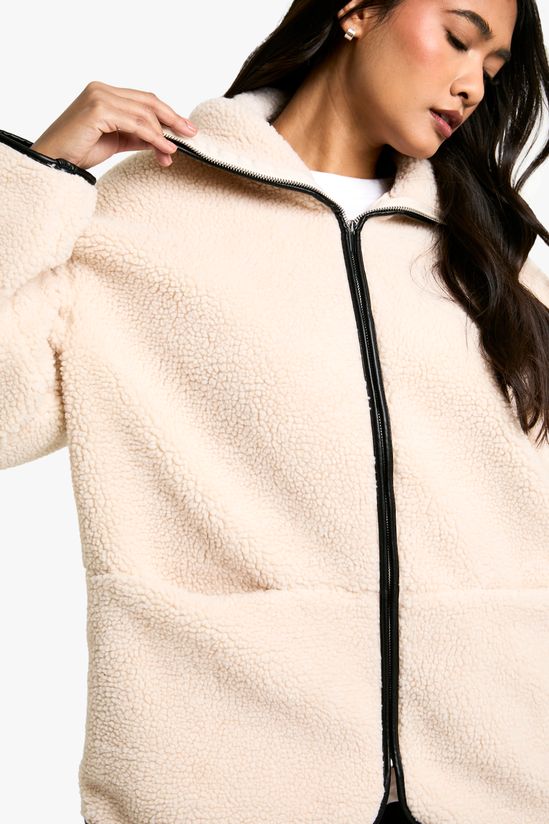 Contrast Detail Funnel Neck Teddy Jacket