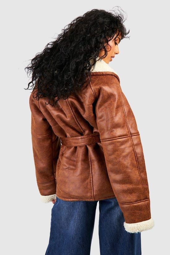 Faux Leather Belted Aviator Jacket