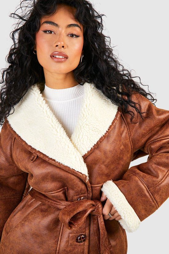 Faux Leather Belted Aviator Jacket