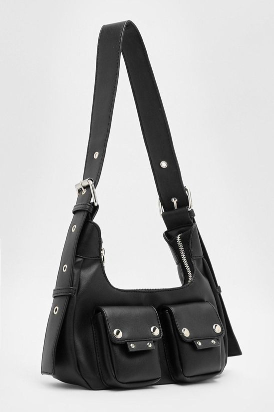 Double Pocket Stud Detail Shoulder Bag
