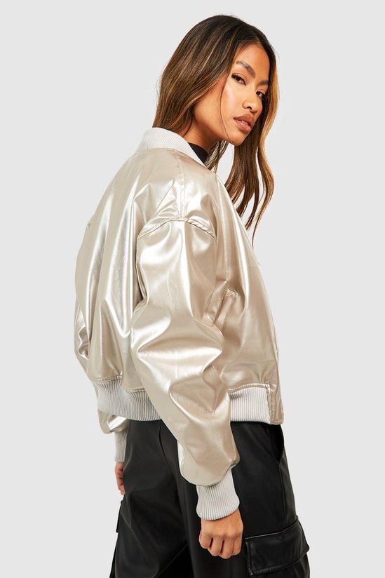 Metallic Vinyl Crop Faux Leather Bomber Jacket