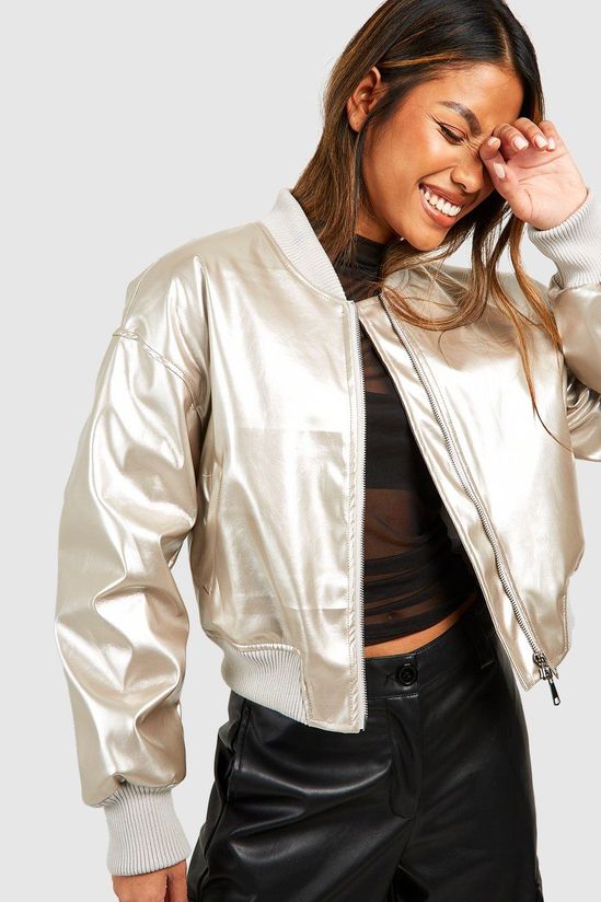 Metallic Vinyl Crop Faux Leather Bomber Jacket
