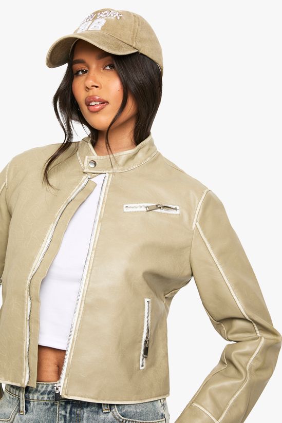 Fitted Moto Vintage Look Faux Leather Jacket