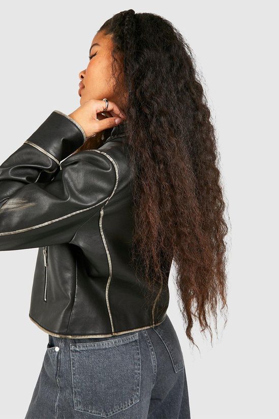Petite Fitted Moto Vintage Look Faux Leather Jacket