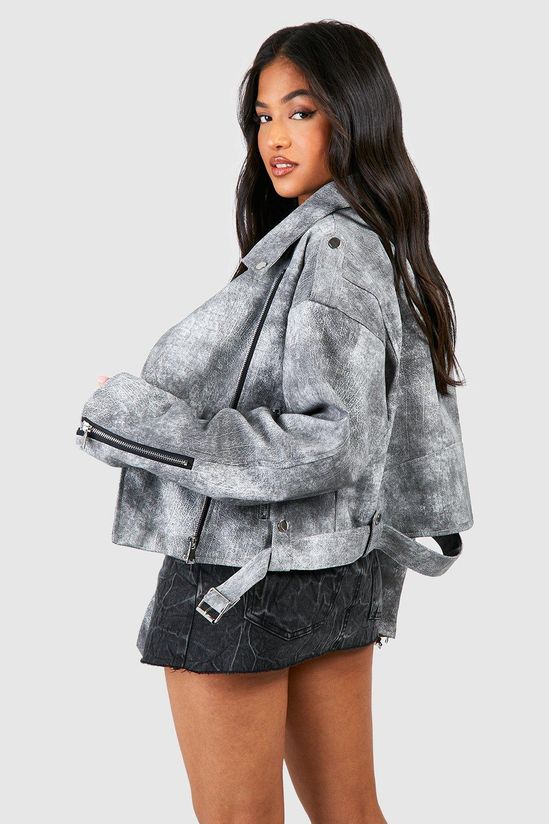 Petite Vintage Look Faux Leather Biker Jacket