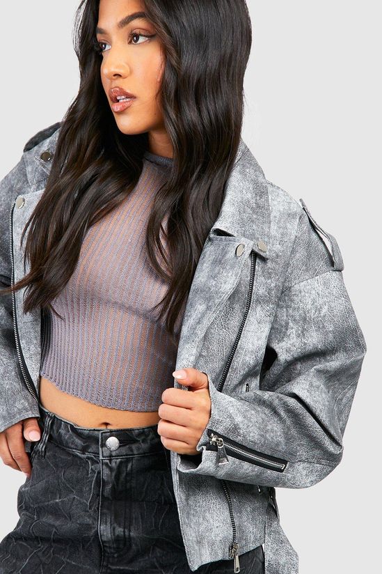 Petite Vintage Look Faux Leather Biker Jacket