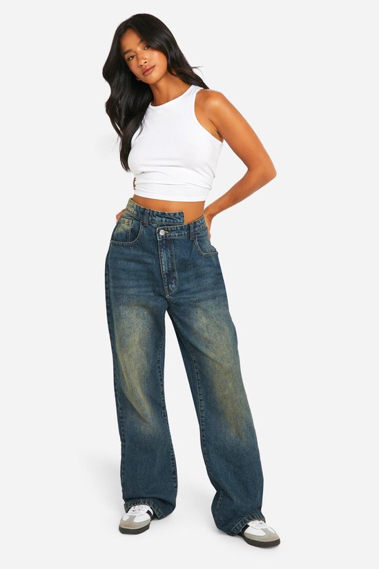 Petite Asymmetric Waistband Straight Leg Jeans