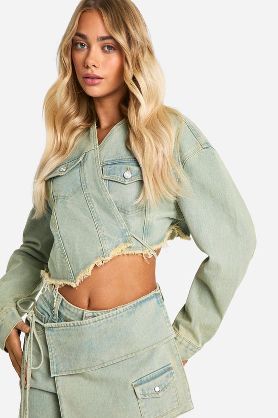 Fray Hem Tie Waist Detail Crop Denim Jacket