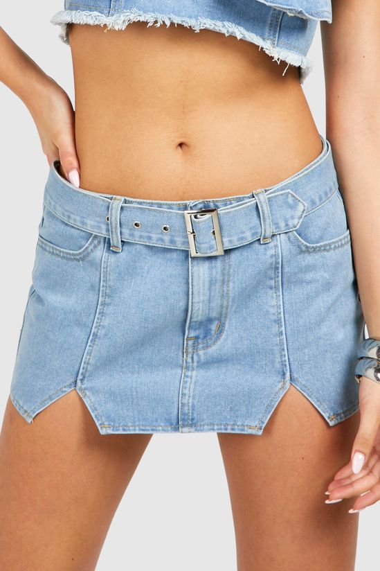 Notch Detail Buckle Belt Denim Micro Mini Skirt