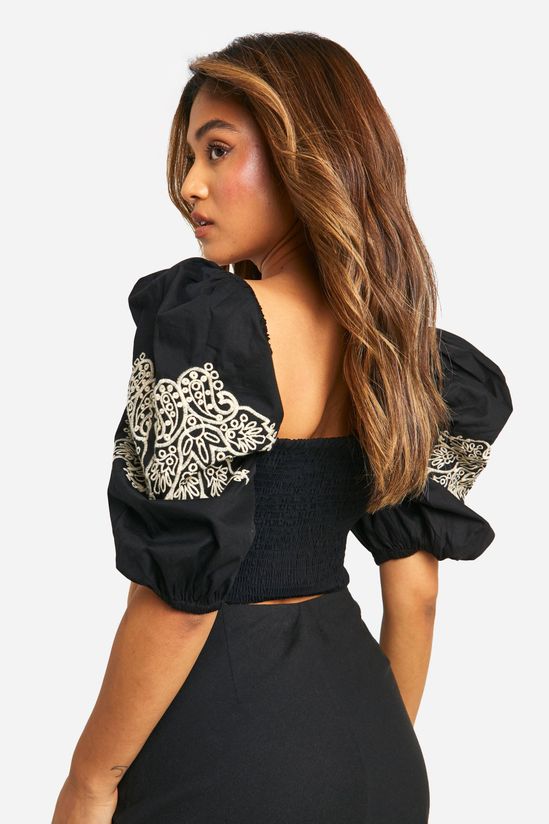 Petite Embroidery Puff Sleeve Crop Top