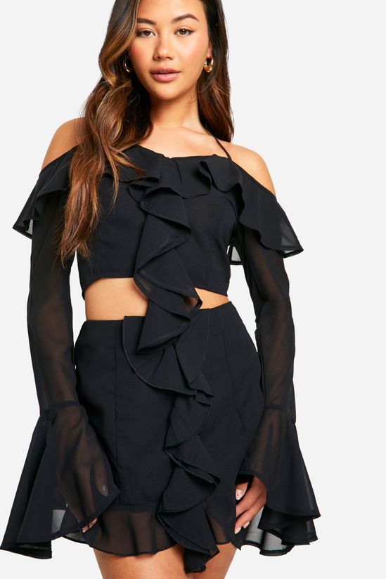 Chiffon Ruffle Front Bardot Crop