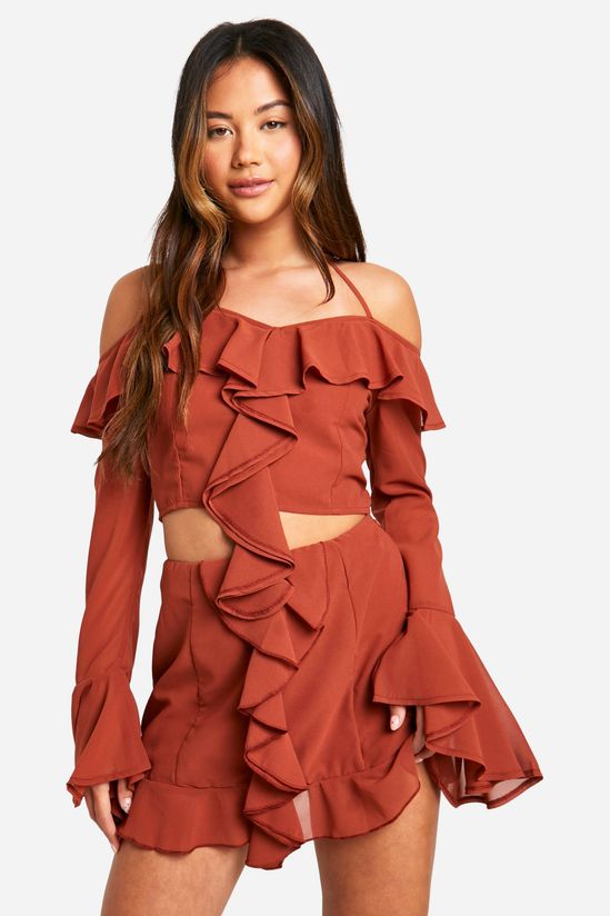 Chiffon Ruffle Front Bardot Crop