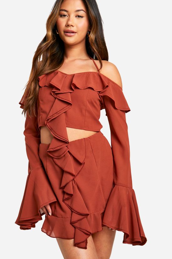 Chiffon Ruffle Front Bardot Crop