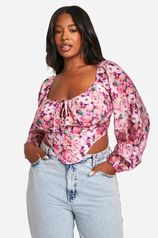 Plus Floral Tie Front Corset Top