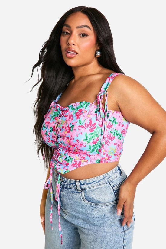 Plus Floral Lace Up Corset Top