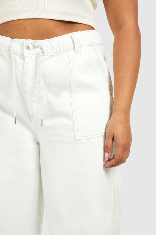Plus Ecru Drawstring Waistband Wide Leg Jeans