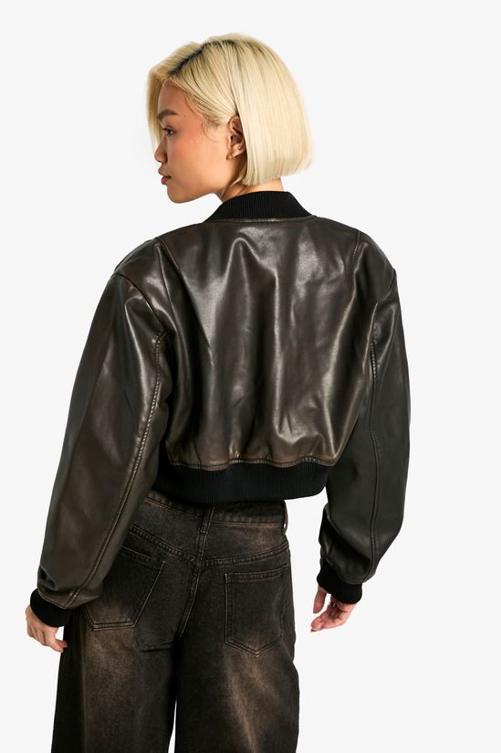 Vintage Look Faux Leather Cropped Bomber Jacket
