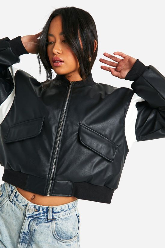 Faux Leather Cropped Moto Detail Bomber Jacket