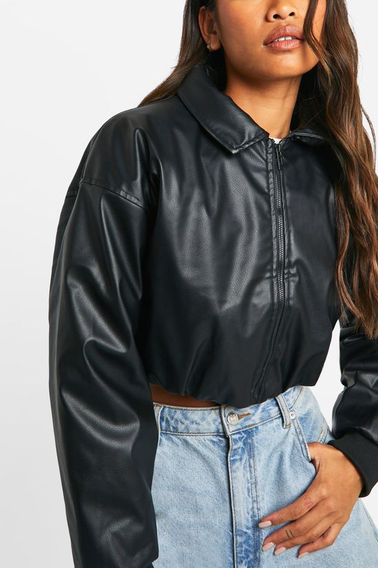 Faux Leather Cropped Collar Detail Jacket