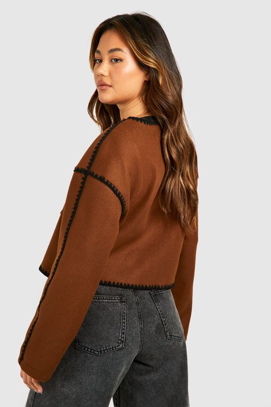Bow Tie Detail Blanket Stitch Wool Look Jacket