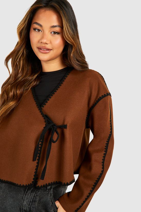 Bow Tie Detail Blanket Stitch Wool Look Jacket