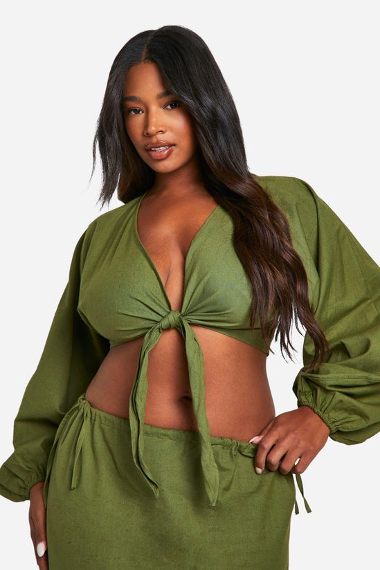 Plus Cotton Tie Front Crop Top