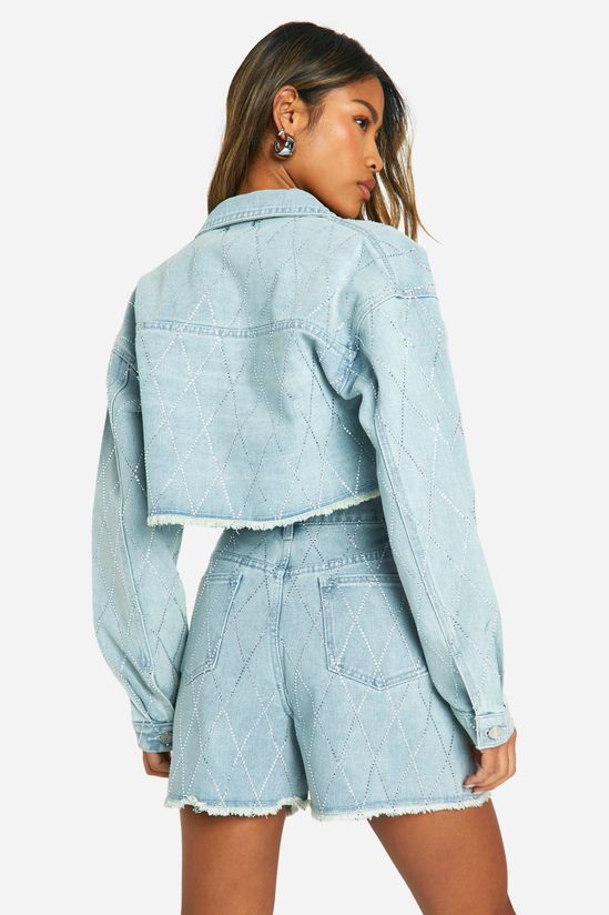 Diamante Hot Fix Fray Hem Crop Denim Jacket