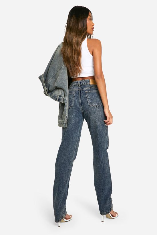 Basics High Waisted Straight Leg Ripped Knee Jeans