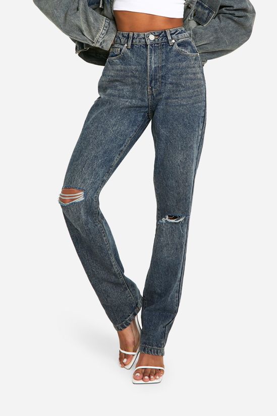 Basics High Waisted Straight Leg Ripped Knee Jeans
