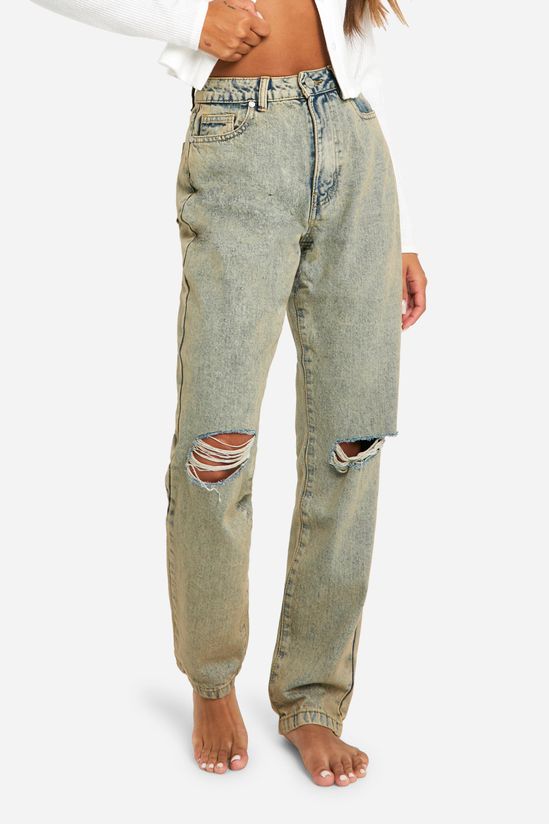 Basics 30 Inch Leg Vintage Wash High Waisted Straight Leg Ripped Knee Jeans