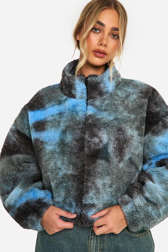 Boxy Tie Dye Print Teddy Bomber Jacket