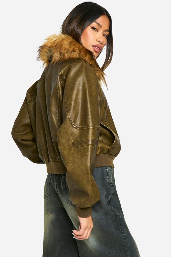Faux Fur Collar Vintage Look Faux Leather Bomber Jacket