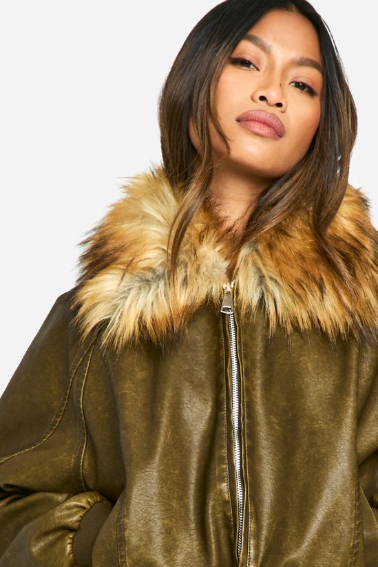 Faux Fur Collar Vintage Look Faux Leather Bomber Jacket