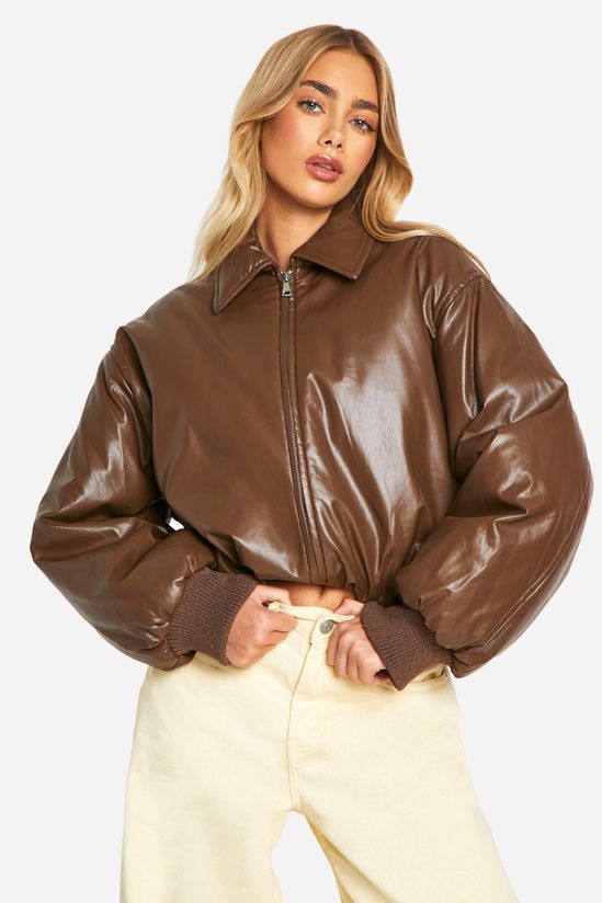 Padded Faux Leather Bomber Jacket