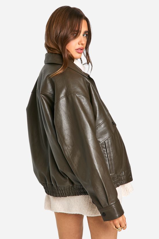 Teddy Lined Faux Leather Oversized Bomber Jacket